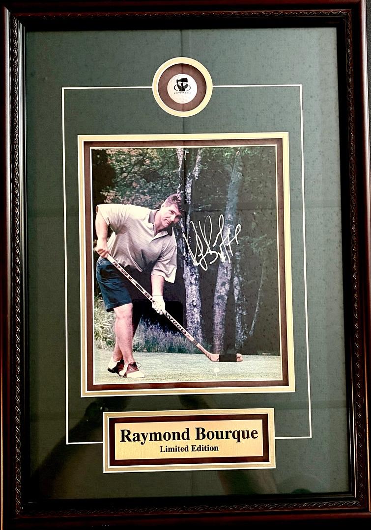 Ray Bourque 21.5x15 signed framed 8x10 and "Bourque Golf" golfball - JSA COA